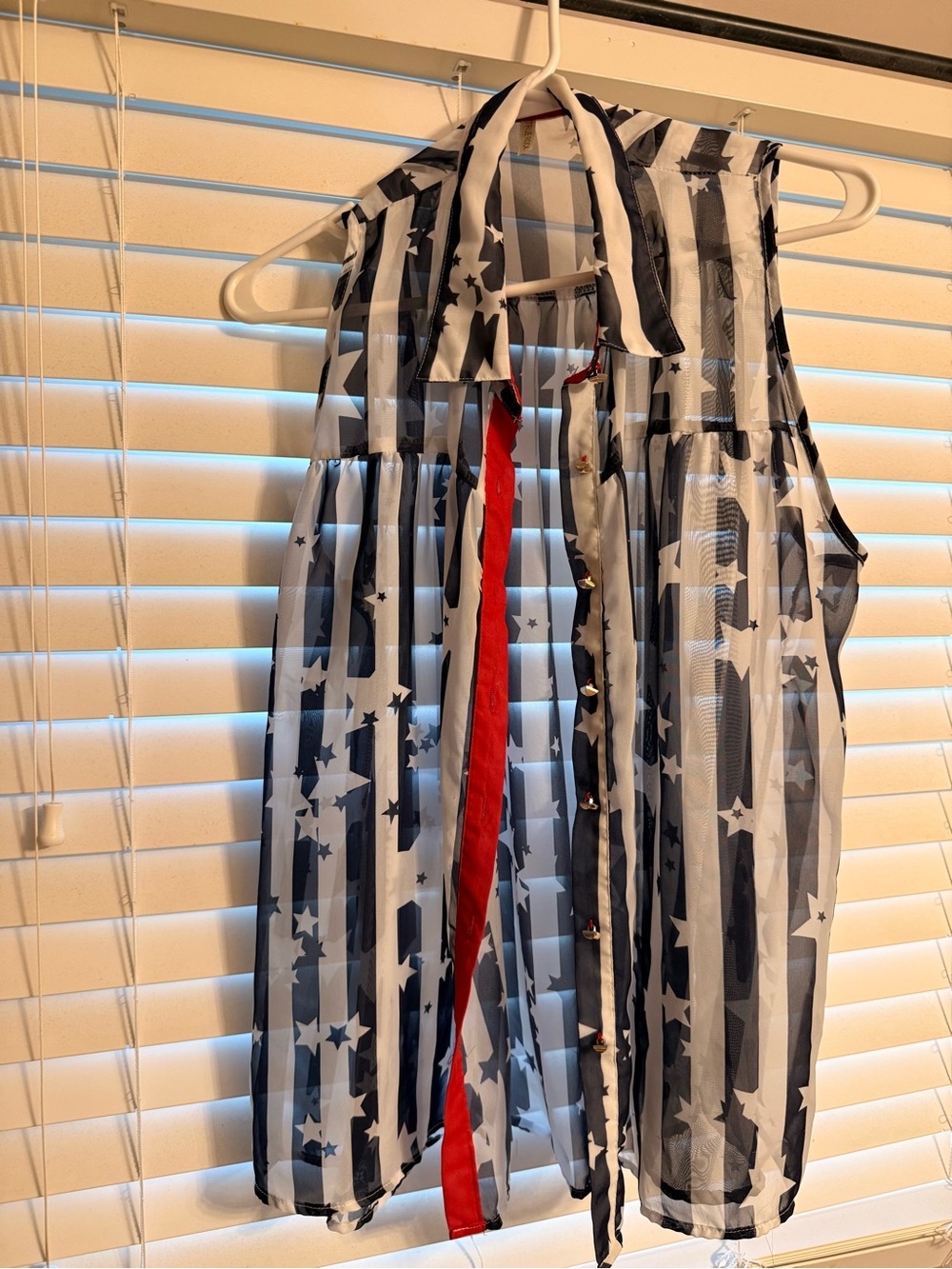 Sheer Star & Stripe Sleeveless Button Front Top - Black, White & Red
